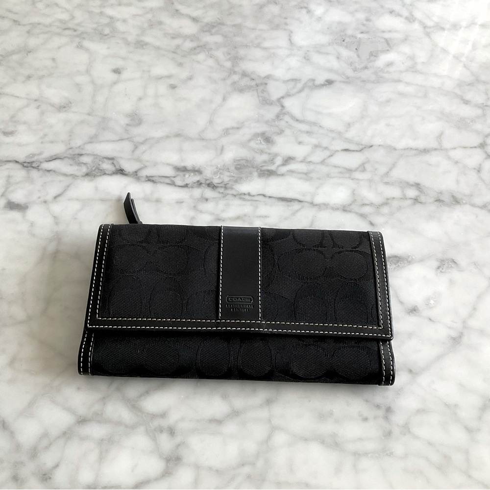 Coach Wallet Tri Fold Jacquard Signature Billfold Optic Logo Leather Trim Black